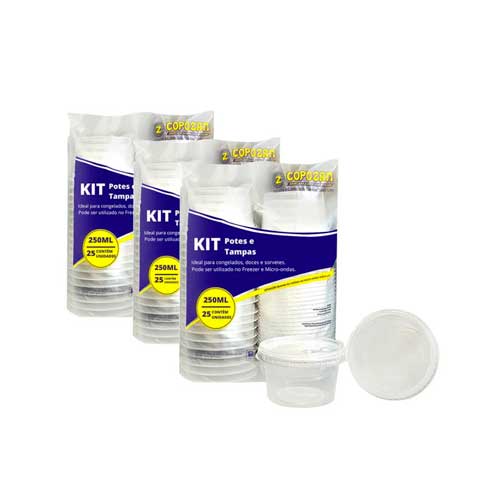 Pote 250ml com Tampa - Kit com 500 Unidades (20 kits de 25 unidades cada) - Copozan